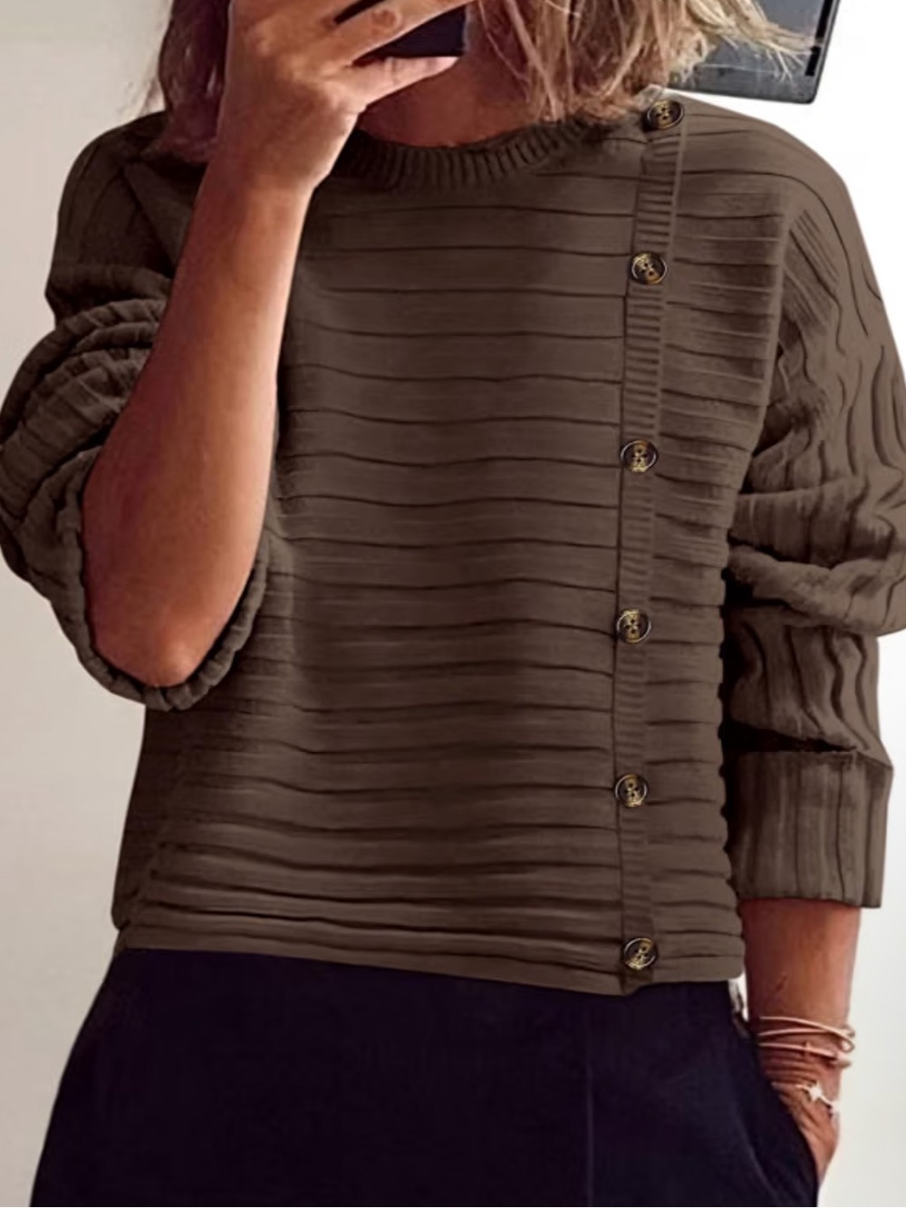 🍂Women’s Button-Trim Ribbed Sweater - Brown